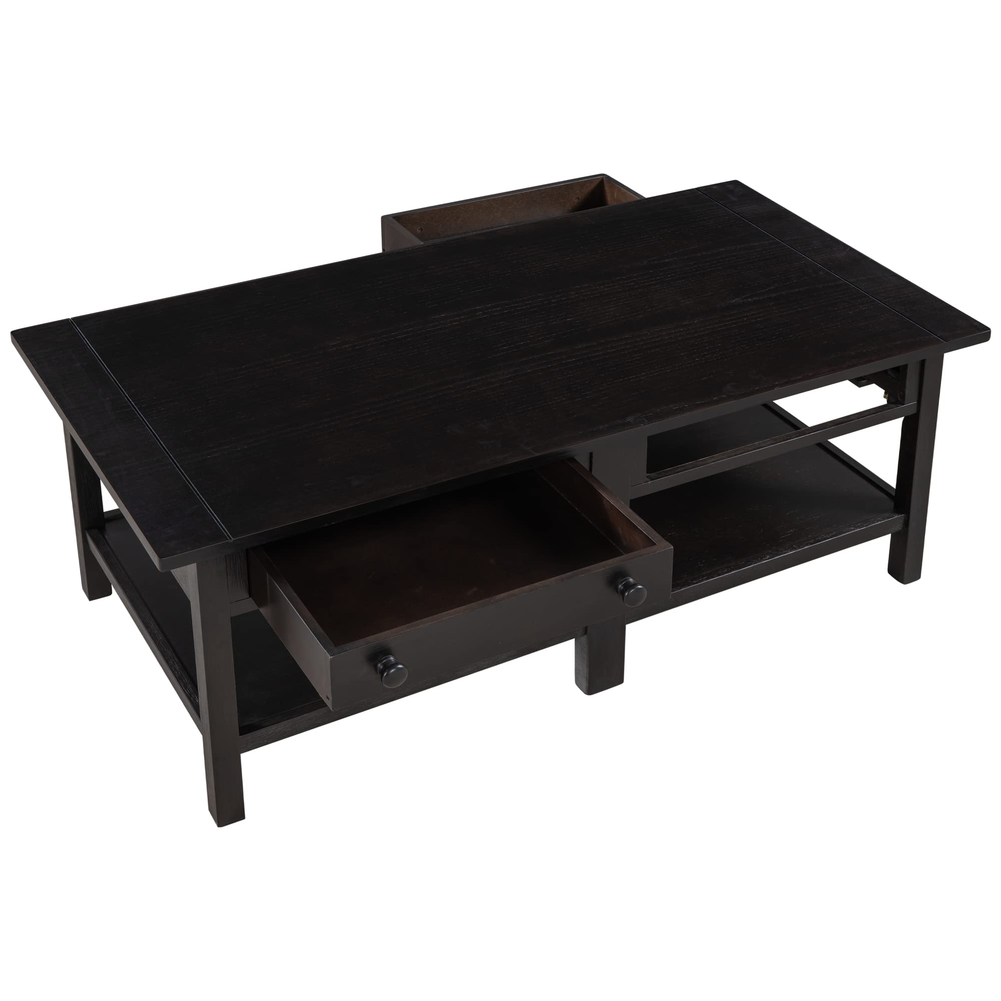 Solid Wood Coffee Table with 2 Drawers & Open Shelf - Large Storage American Classic Cocktail Table for Living Room, Office - Espresso Finish - Perfect for Entertaining, Relaxing & Home Decor