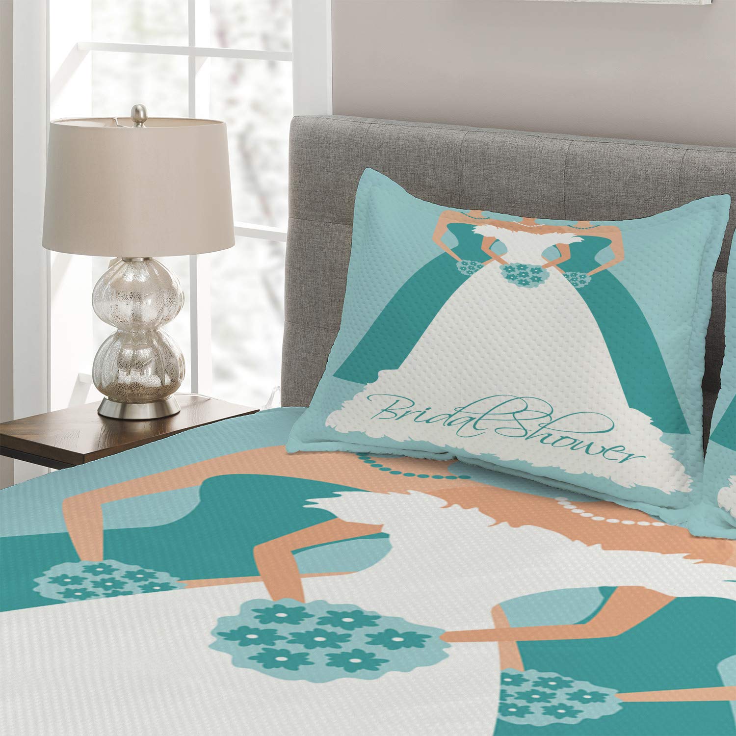 Ambesonne 3-Piece King Size Quilted Bedspread Set with 2 Pillow Shams - Turquoise Blue & White Floral Bridal Shower Design Featuring Bride & Bridesmaids - Perfect for Wedding Celebrations, Guest Bedrooms & Boho Chic Home Decor