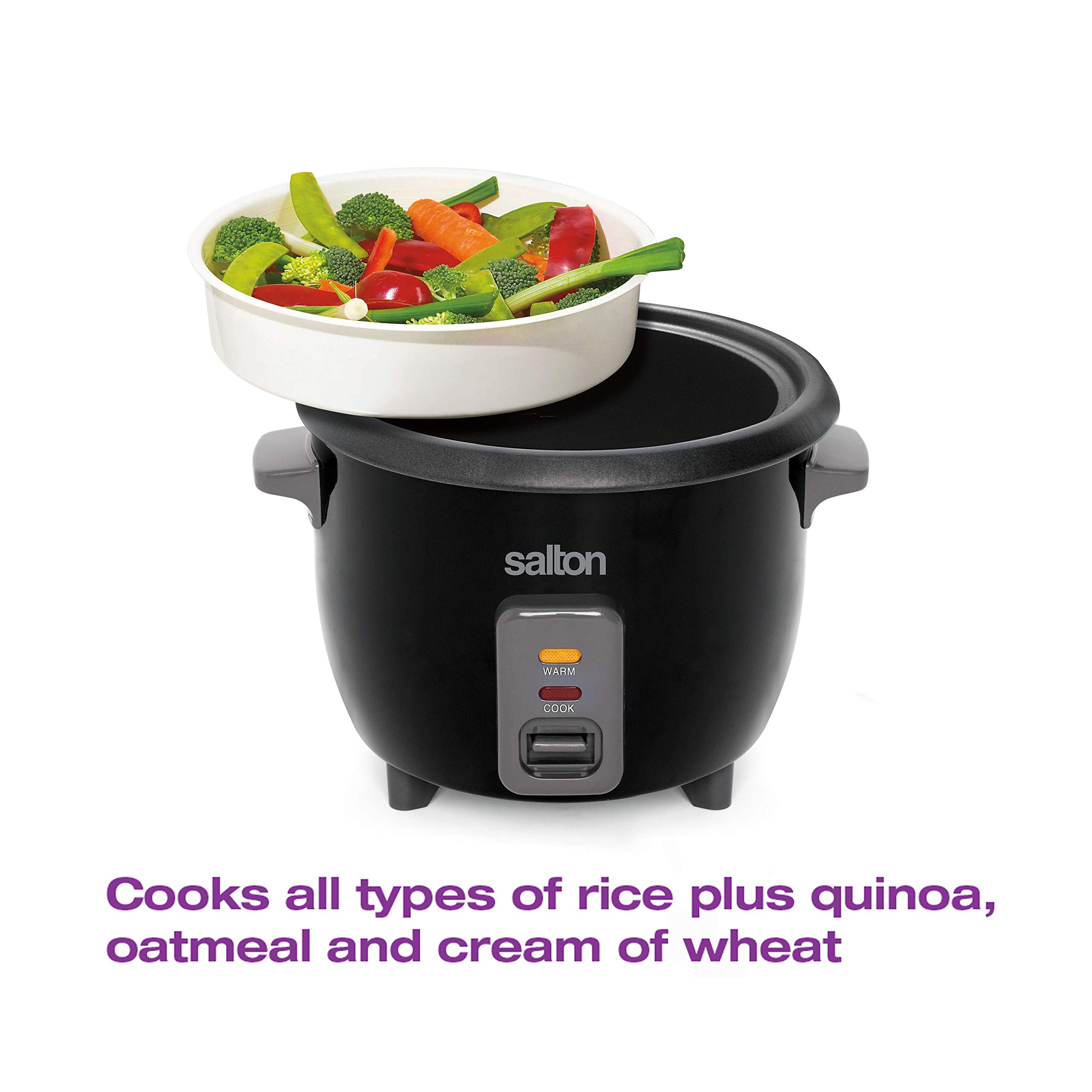 Salton 6 Cup Automatic Rice Cooker - 6 Cups Cooked / 3 Cups Uncooked - Black Stainless Steel - Perfect for Small Kitchens, Dorms & Office Lunch Prep
