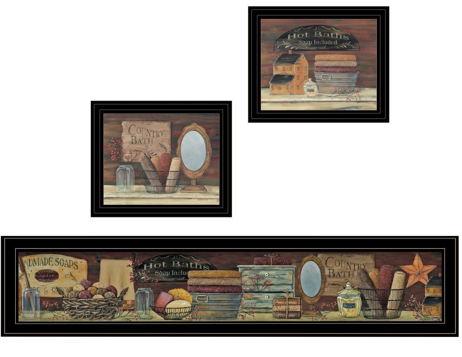 Pam Britten Country Bath II 3-Piece Black Framed Wall Art Set - Vintage Bathroom Decor for Farmhouse, Cottage & Coastal Home Interiors