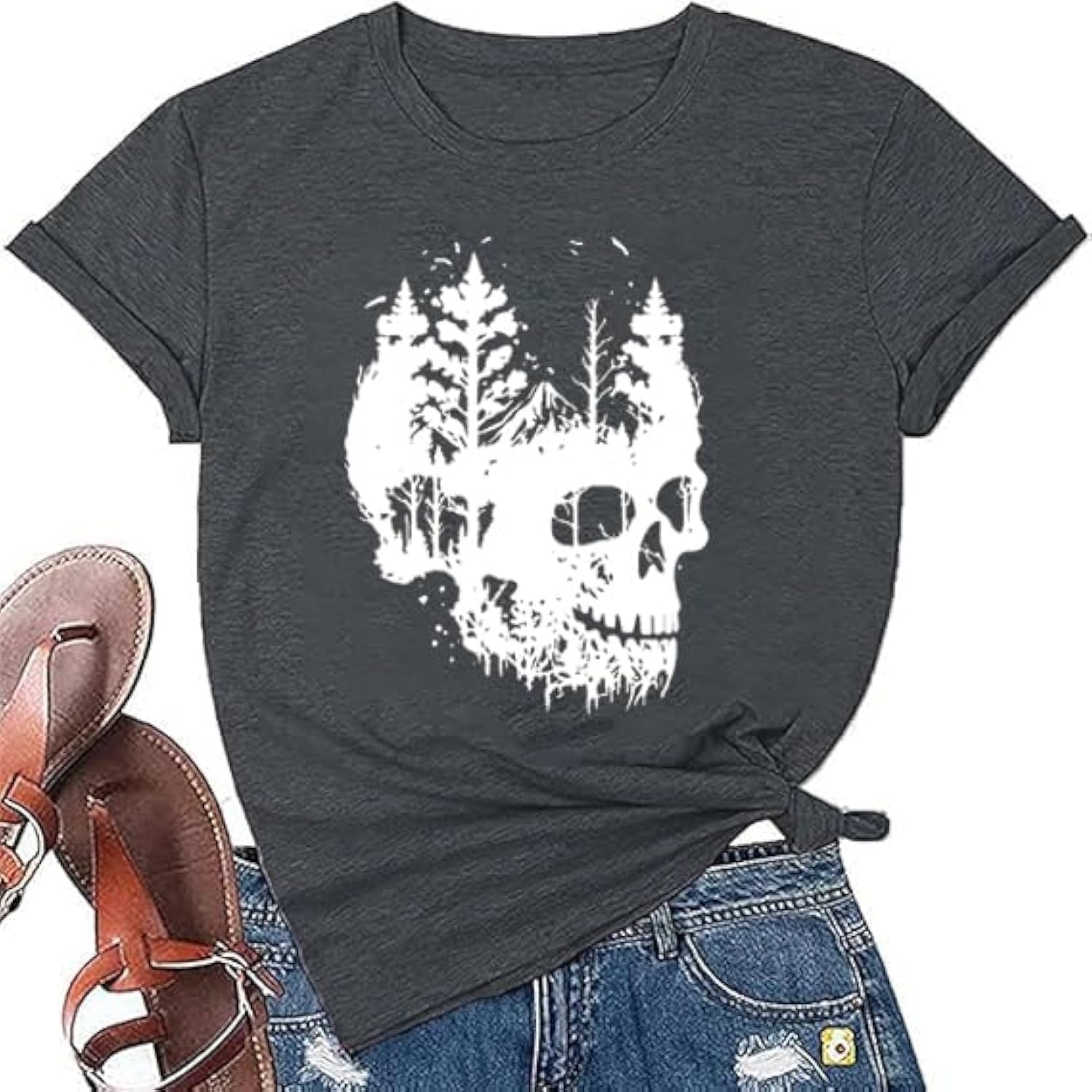 Funny Women's Skull Graphic T-Shirt - Vintage Skeleton Print Gothic Tee - Casual Short Sleeve Holiday Top for Halloween, Concerts & Casual Wear