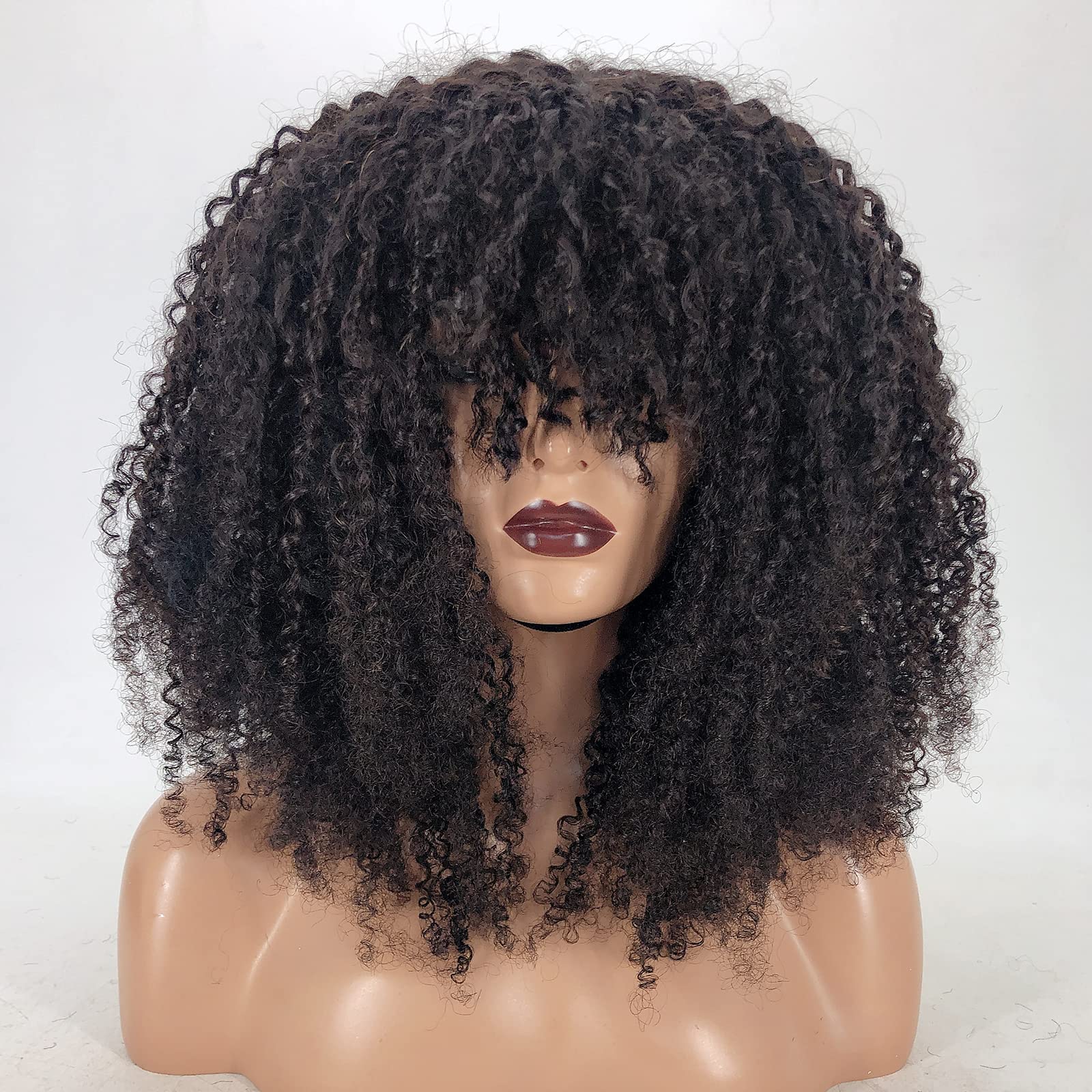 Zigzag Afro Kinky Curly Human Hair Wig with Bangs - 20 Inch Short Machine Made Scalp Top Wig 250% Density for Black Women | Perfect for Daily Wear, Cosplay & Special Occasions