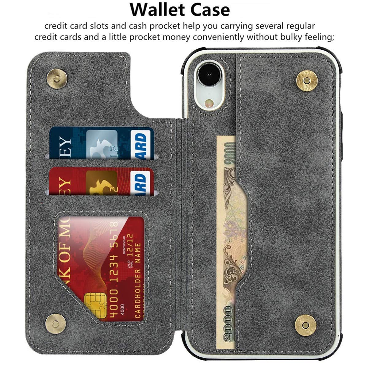 Premium PU Leather iPhone XR Wallet Case with Card Slots, Wrist Strap & Kickstand - Magnetic Clasp Shockproof Cover for iPhone XR 6.1 Inch (Gray) | Perfect for Travel, Work & Everyday Protection