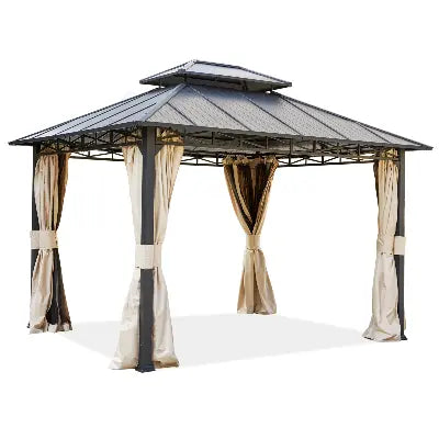 10' x 12' Iron Gazebo with Hardtop Double Roof - Rust-Resistant Coated Frame, Waterproof Curtains & Netting - Perfect for Outdoor Patio, Garden, and Backyard Relaxation