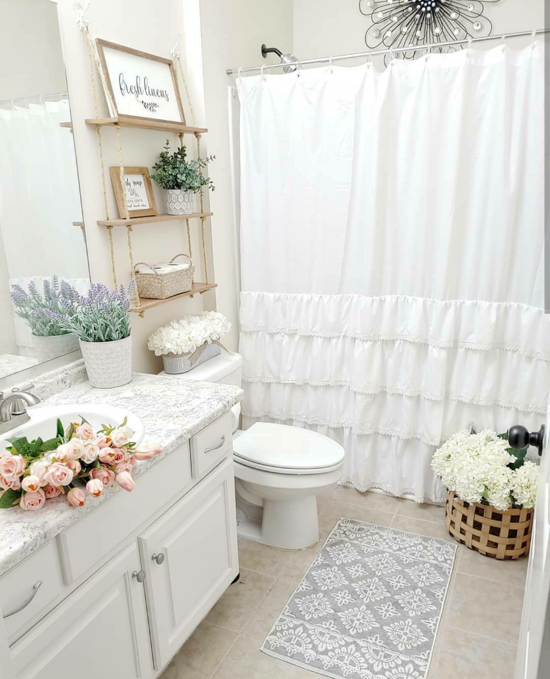 Ella Ruffle Lace Shower Curtain - Elegant Bathroom Decor with Feminine Lace Trim, Waterproof Fabric for Stylish Home & Spa-Like Experience