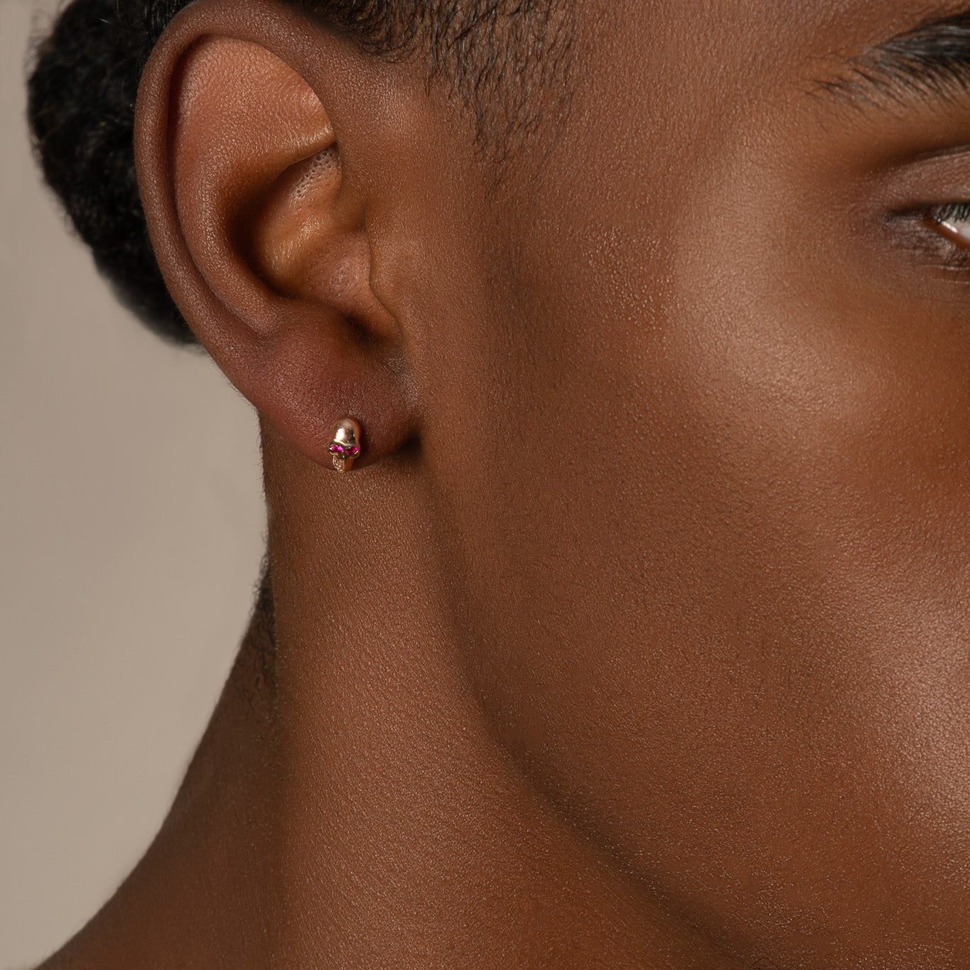 14K Rose Gold Pink Ruby Eye Skull Flat Back Stud Earrings - Gothic Jewelry for Women, Perfect for Halloween, Costume Parties & Punk Fashion