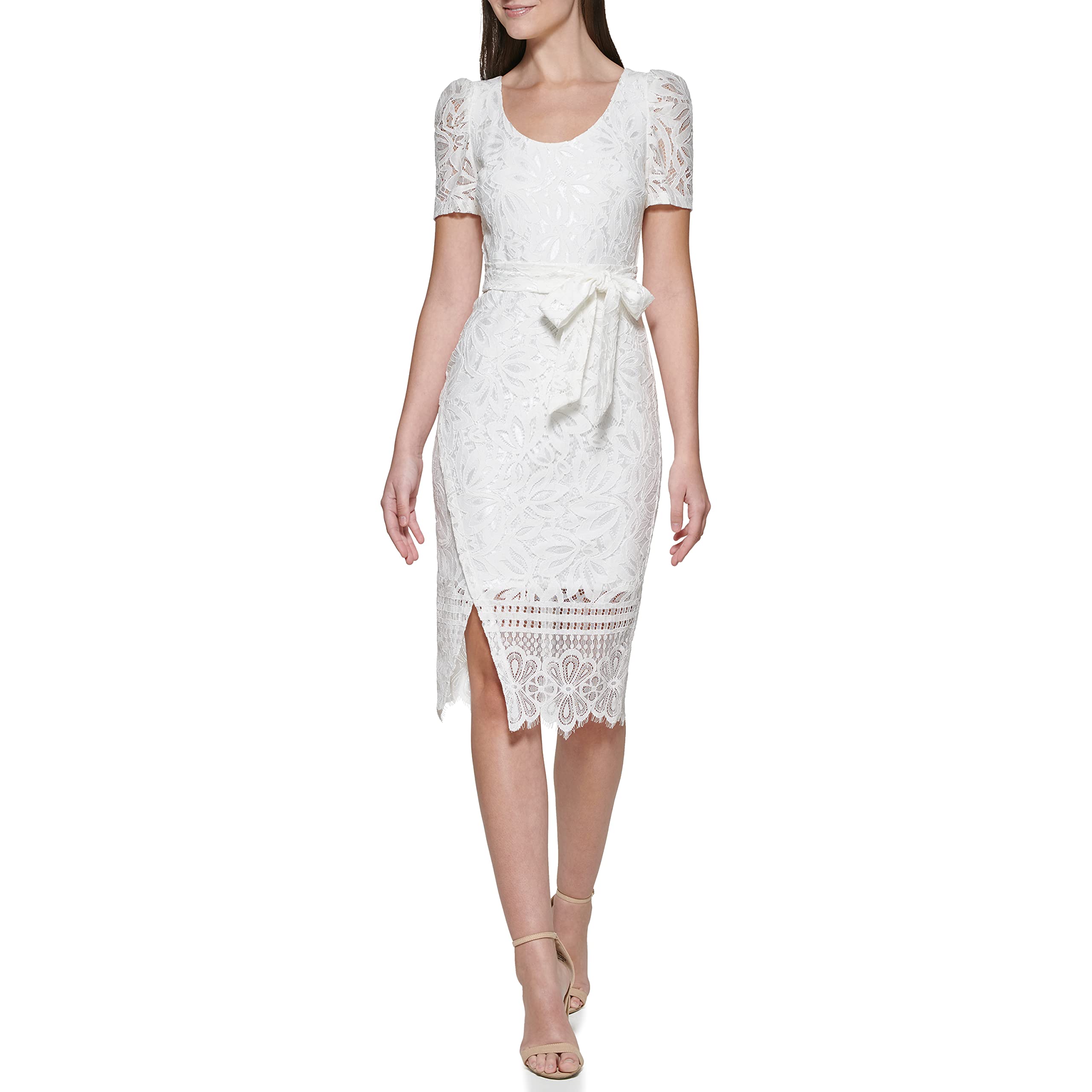 Kensie Women's Short Sleeve Tie Waist Lace Midi Dress - Elegant Summer Casual & Wedding Guest Dress for Women