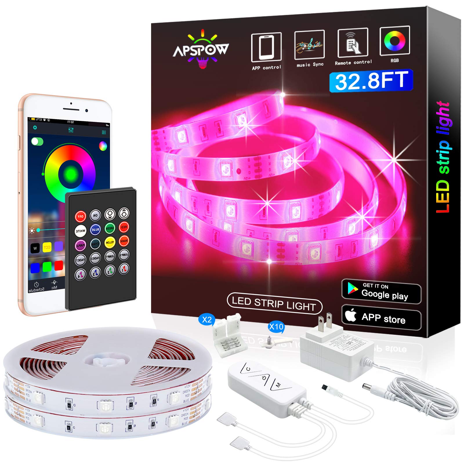 32.8ft RGB LED Strip Lights with Music Sync & App Control - Color Changing 5050 LED Tape Lights for Bedroom, Party, Christmas Decorations - Perfect for Home Theater, Gaming Room, and Holiday Lighting