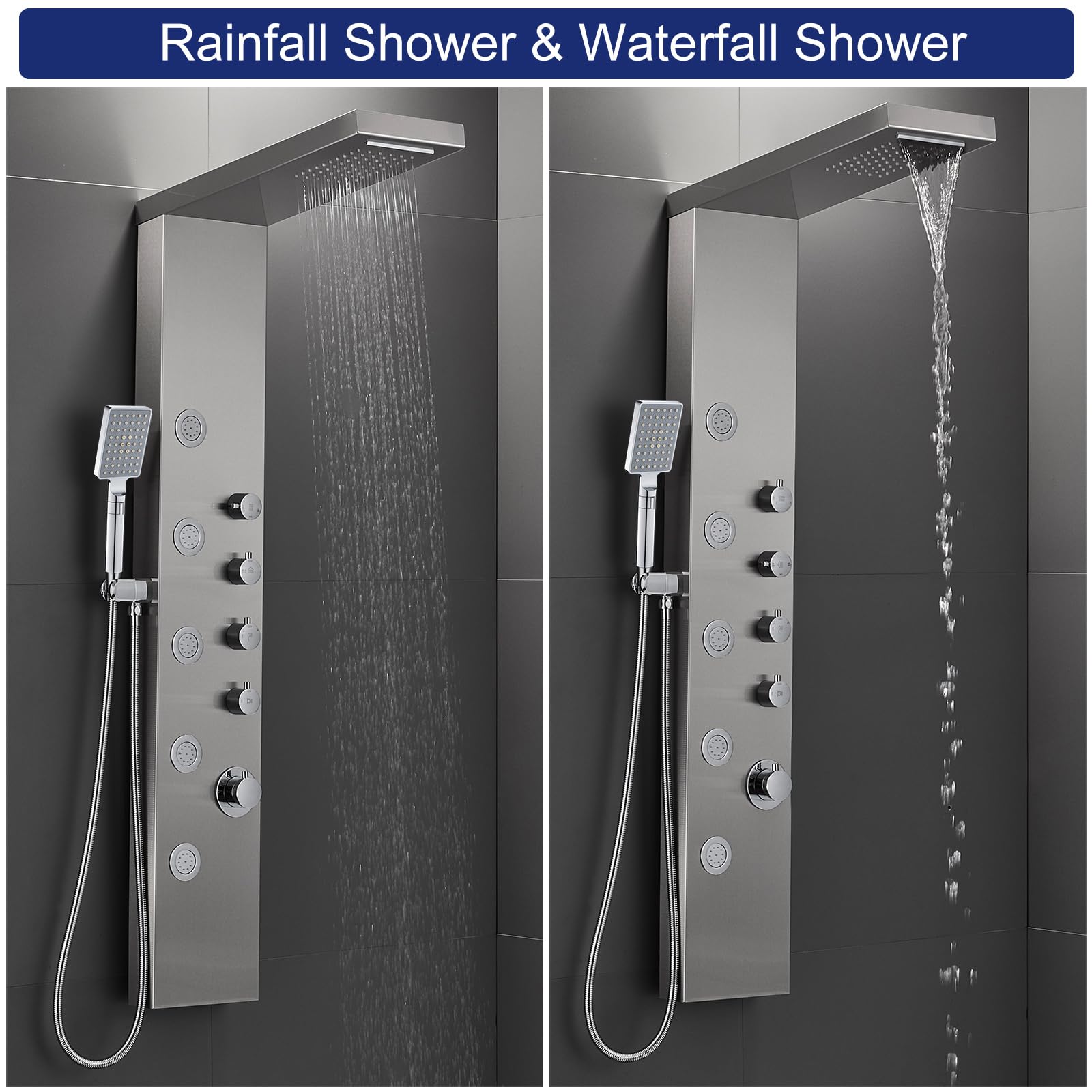 ROVATE Rainfall Waterfall Shower Tower Panel System - 304 Stainless Steel Bathroom Shower Panel with 5 Body Jets & 3 Handheld Shower Heads - Wall Mounted Shower Column with Brushed Finish - Perfect for Spa-Like Luxury Bathroom Experience