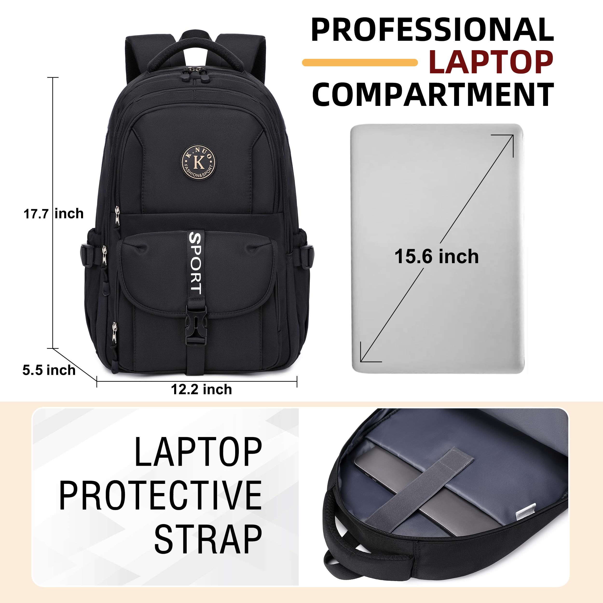 Stylish Waterproof College Backpack for Teens & Adults - 15.6 Inch Laptop School Bag for Students, Women & Men - Perfect for Travel, Work & Daily Commute - Durable Bookbag for School, Office & Business Trips - Black