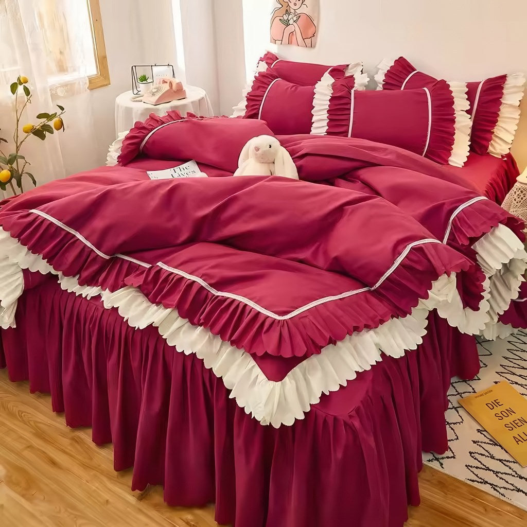 Lush Ruffled Coquette Aesthetic Bedding Set - Queen Size 4-Piece Soft Pink Floral Duvet Cover with Pillowcases - Romantic Shabby Chic Bedroom Decor for Girls & Women