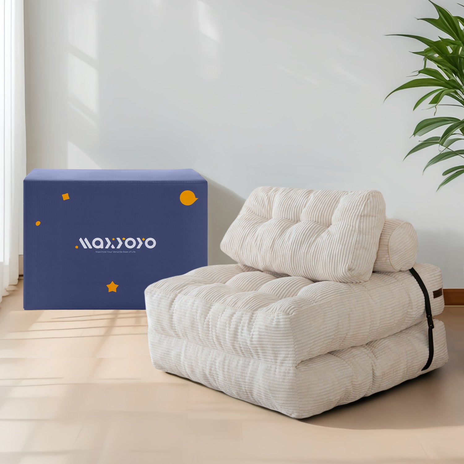 MAXYOYO Corduroy Convertible Sofa Bed - Sleeper Chair with Pillow in Beige | Space-Saving Furniture for Small Apartments, Guest Rooms & Home Offices
