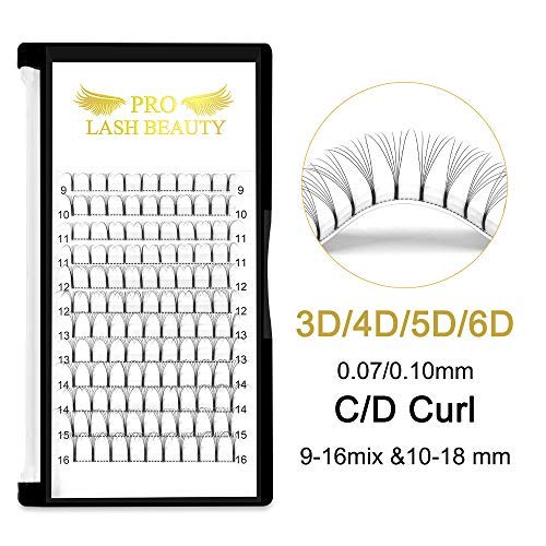 5D Volume Eyelash Extensions - 0.10mm C Curl 14mm Long Premade Fans (9-16 Mix) for Dramatic Lash Look | Professional Salon & DIY Home Use