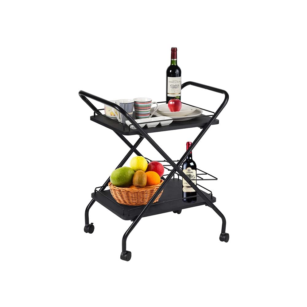 HomVent Rolling Bar Cart with Wine Rack - 2-Tier Wooden Trays Metal Serving Trolley for Kitchen, Hotel & Restaurant - Mobile Kitchen Cart for Wine, Tea & Beverage Serving - Perfect for Home Entertaining, Commercial Use & Party Hosting