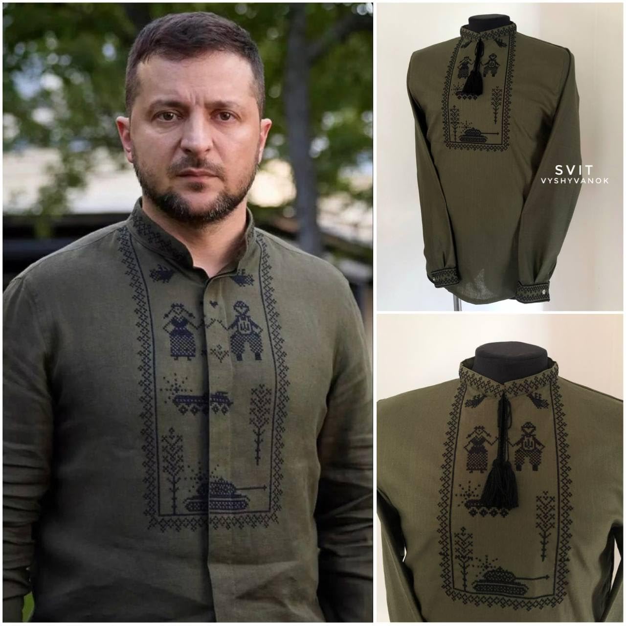 Embroidered Linen Shirt for Men - Military Style Khaki Vyshyvanka with Tank Design | Traditional Ukrainian Ethnic Shirt (Size L) | Perfect for Cultural Events, Cosplay & Patriotic Outfits