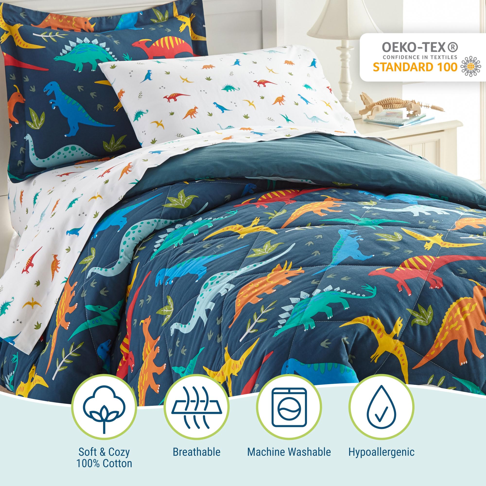 Wildkin 7-Piece Full Bedding Set - 100% Cotton Comforter, Sheets & Pillowcases - Jurassic Dinosaur Print - Soft & Breathable for Kids & Adults - Perfect for Bedrooms, Dorms & Sleepovers