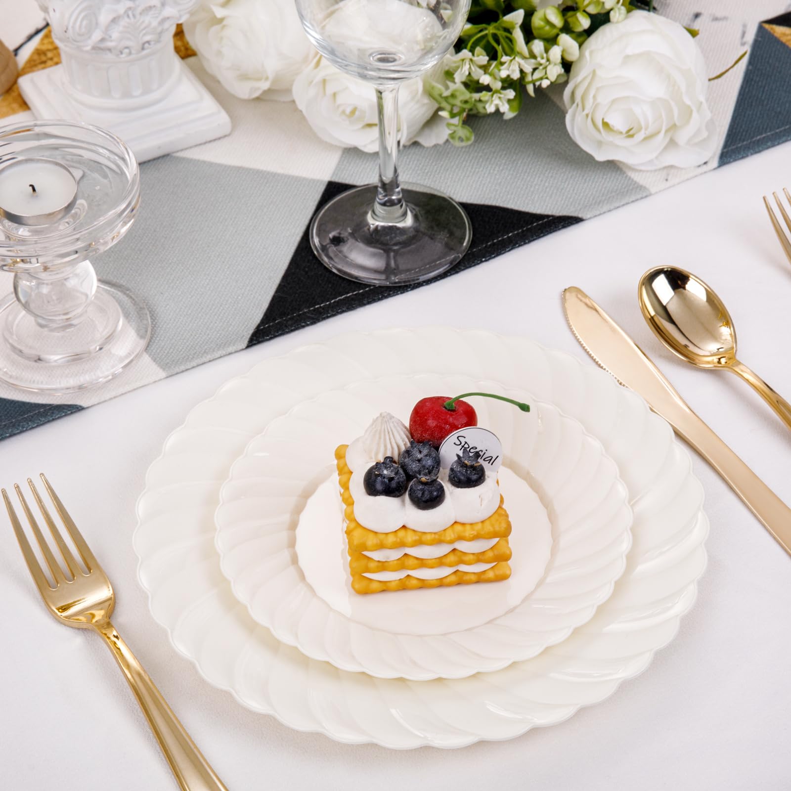 Premium 100-Piece Ivory Scalloped Plastic Plates Set for Parties - Heavy Duty Disposable Dinnerware (50PCS 9'' & 50PCS 6.5'') - Elegant Plastic Plates for Weddings, Birthdays, Baby Showers & Special Events