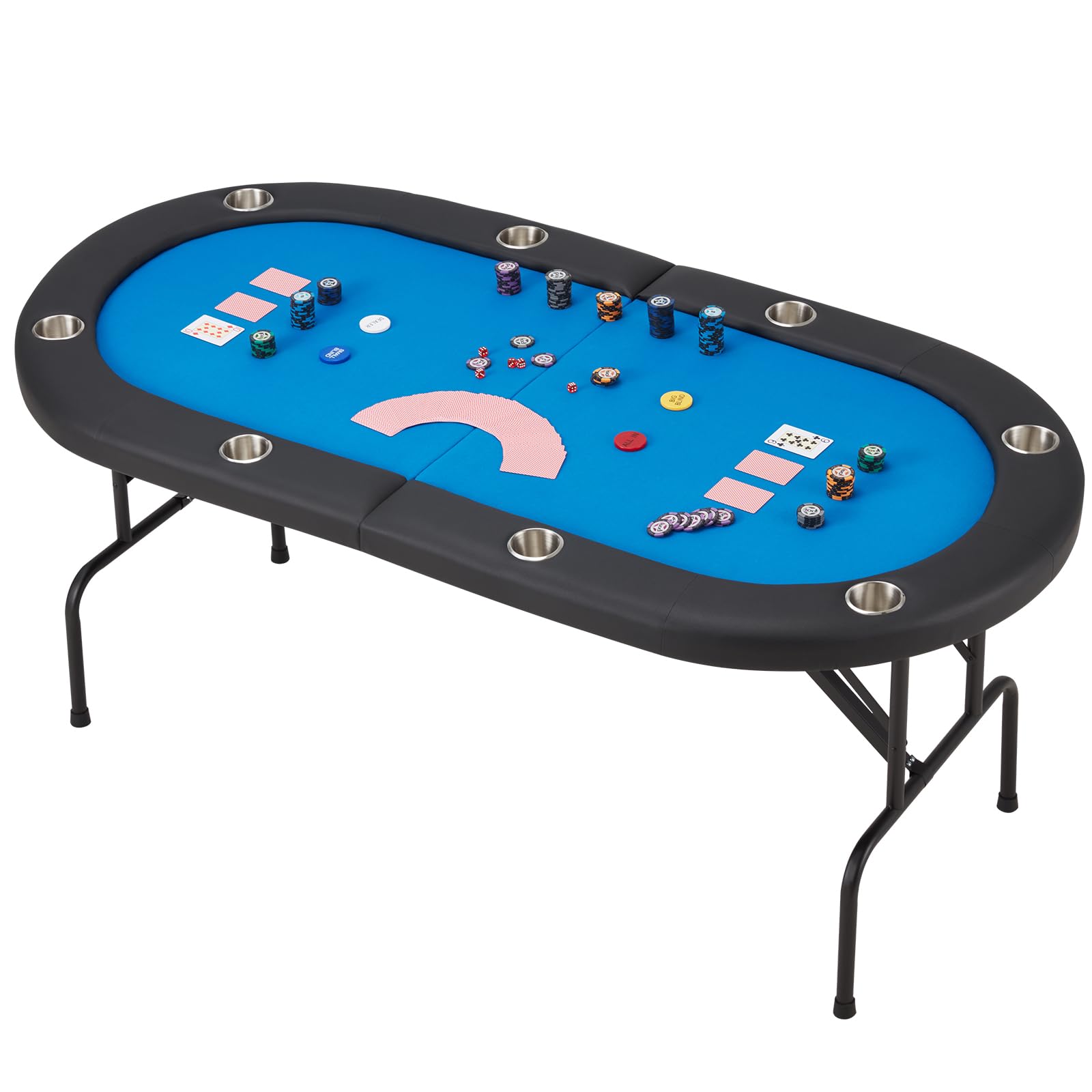 ECOTOUGE 8 Player Foldable Poker Table with Stainless Steel Cup Holders & Carry Bag - Portable Texas Holdem Poker Game Table for Casino Nights, Home Parties & Outdoor Events (Blue, No Assembly Required)