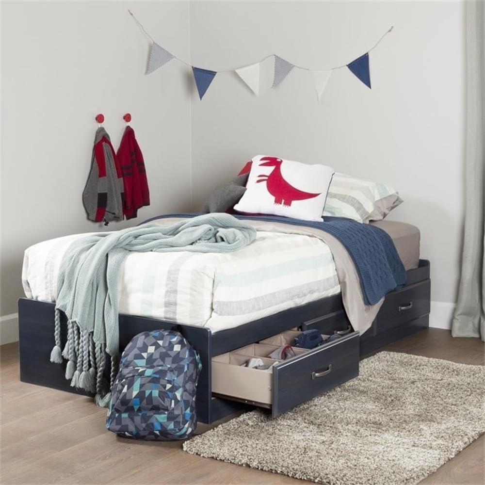 Rosebery Twin Size Kids Platform Bed with 3 Underbed Drawers - Solid Wood Slat Support, No Box Spring Needed - Navy Blue - Perfect for Small Bedrooms & Space-Saving Kids' Rooms