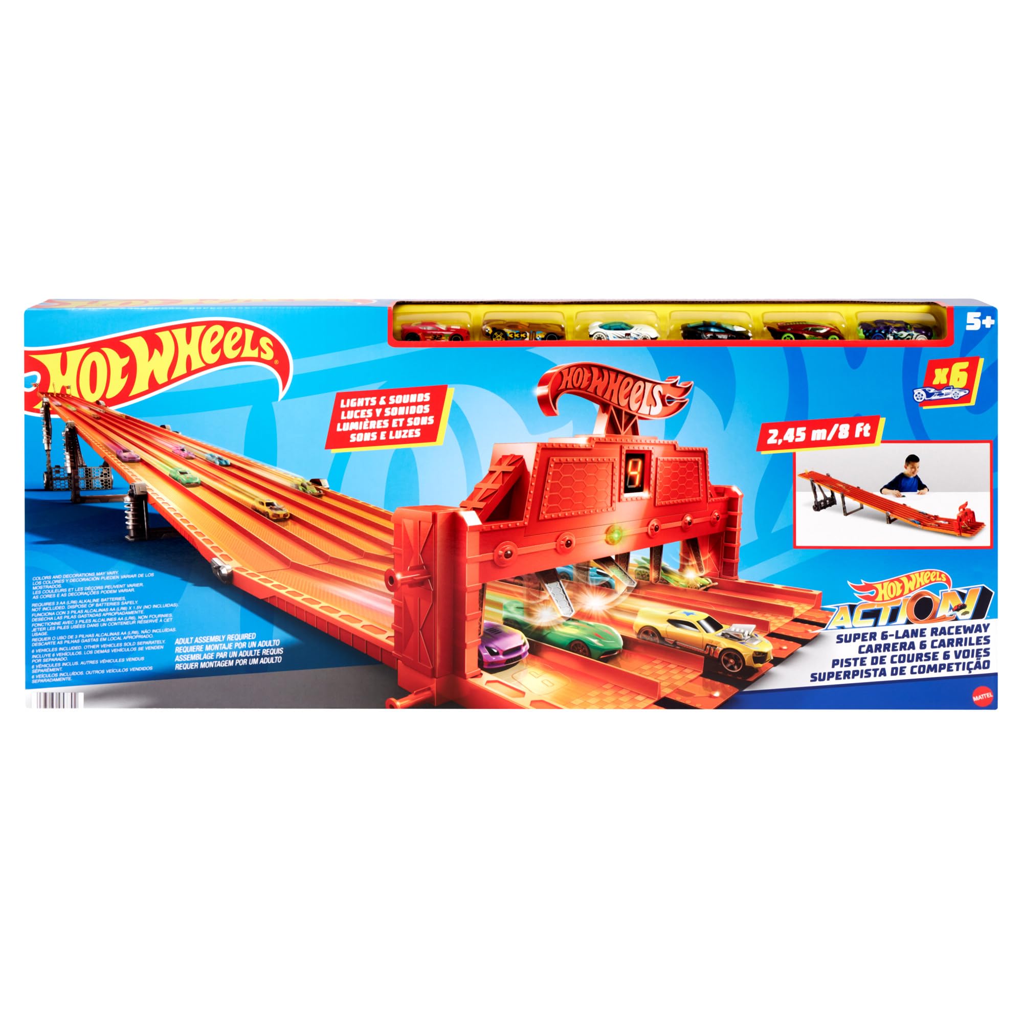Hot Wheels Super 6-Lane Raceway Playset with 6 1:64 Scale Toy Cars, Lights & Sounds - 8-Foot Roll-Up Track for Easy Storage - Perfect for Kids' Birthday Gifts & Indoor Racing Fun
