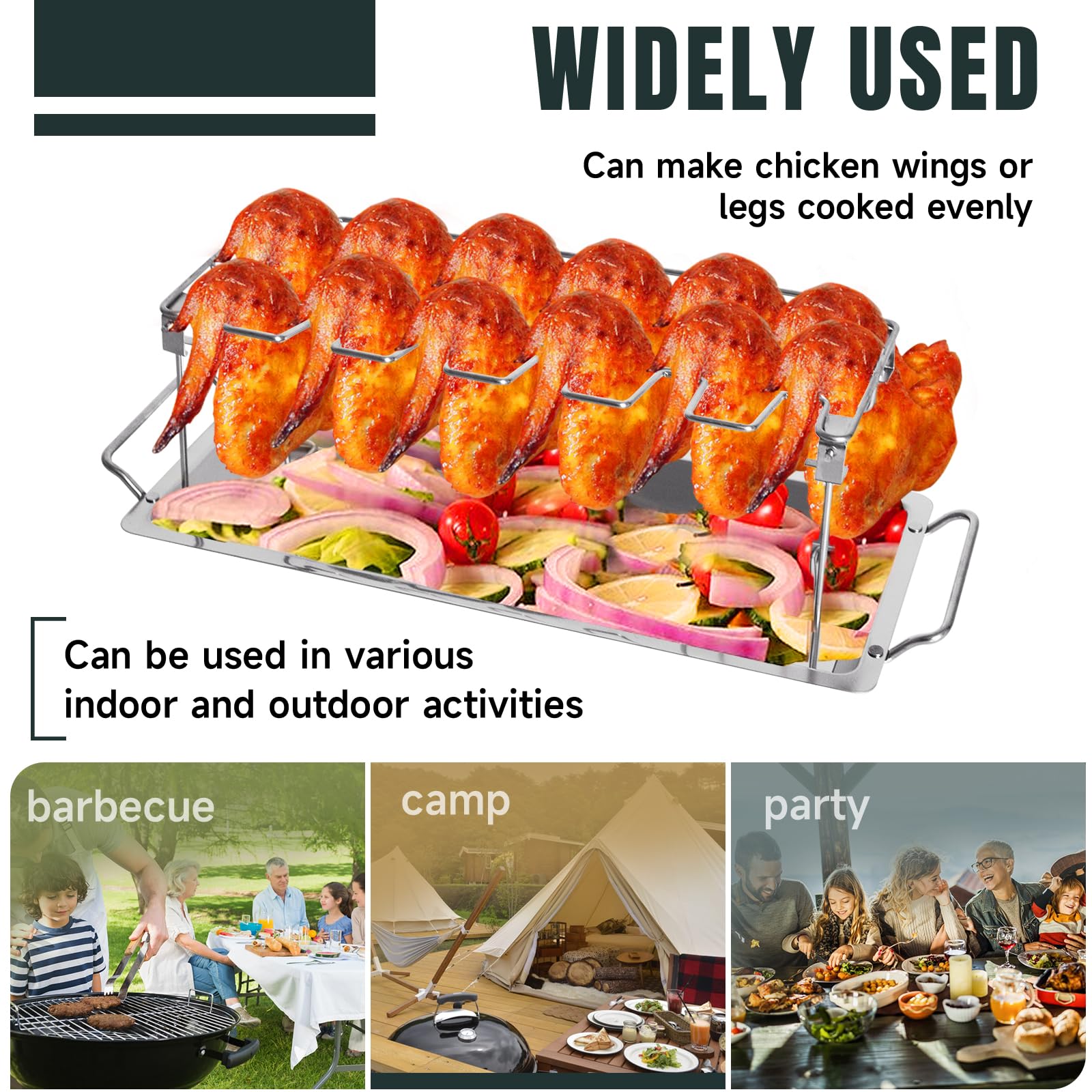 Stainless Steel Chicken Wing & Leg Rack - Holds 12 Drumsticks or Wings - BBQ Roaster Stand with Drip Tray for Kamado Joe, Big Green Egg, Smoker Grill & Oven - Perfect for Backyard BBQs, Tailgating & Outdoor Cooking