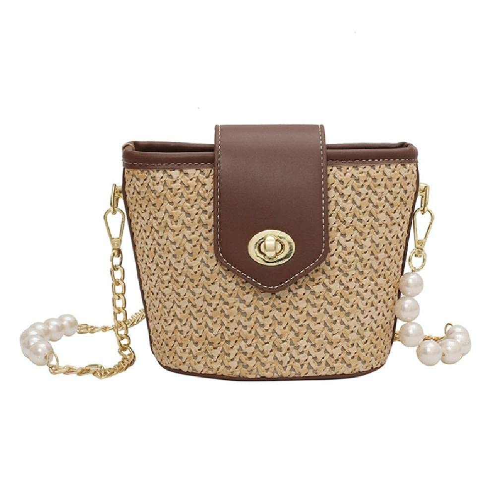 Stylish Woven Straw & Faux Leather Bucket Bag with Pearl Metal Chain - Crossbody Handbag Purse for Women - Perfect for Beach, Shopping & Daily Use