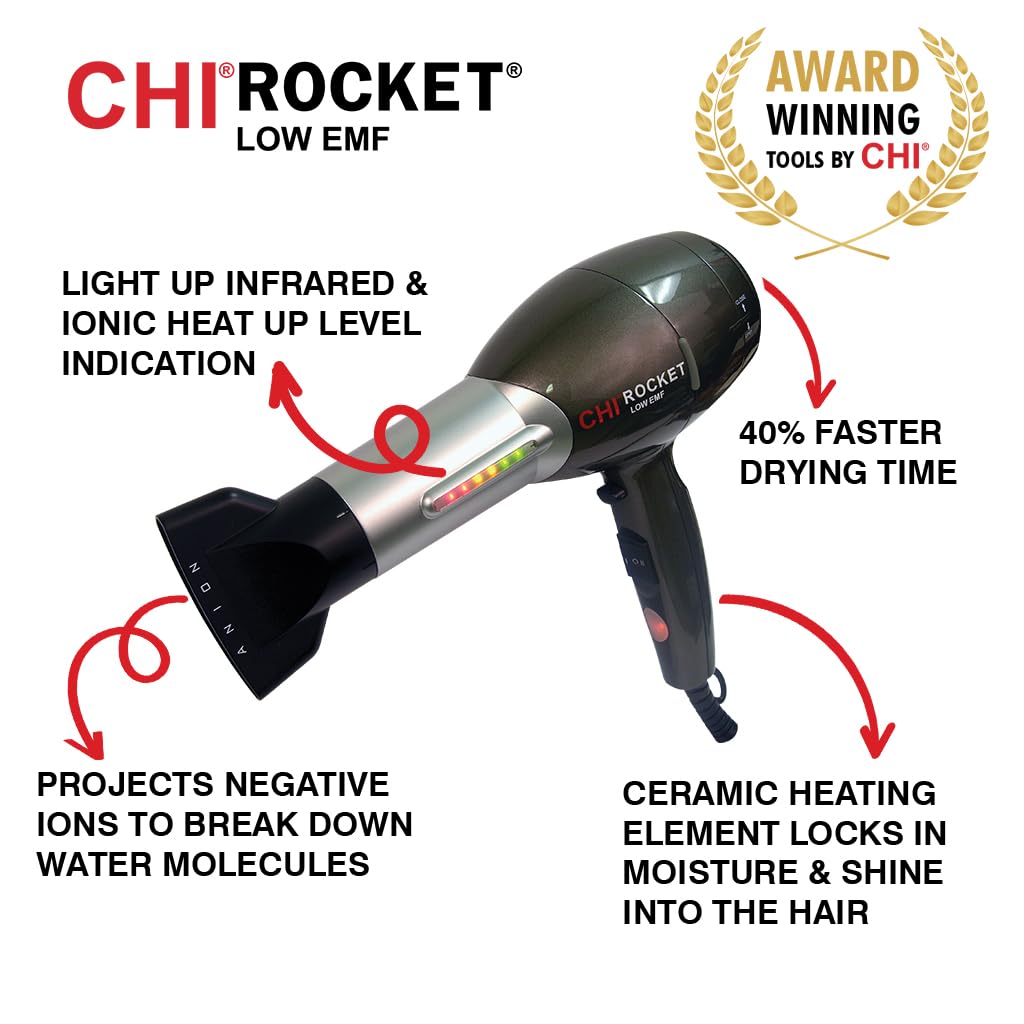 CHI Rocket Hair Dryer with Comb & Nozzle - Fast Drying, Frizz-Free Shiny Hair - Lightweight, Low EMF Hair Dryer for Salon & Home Use - Perfect for Travel, Styling & Daily Hair Care
