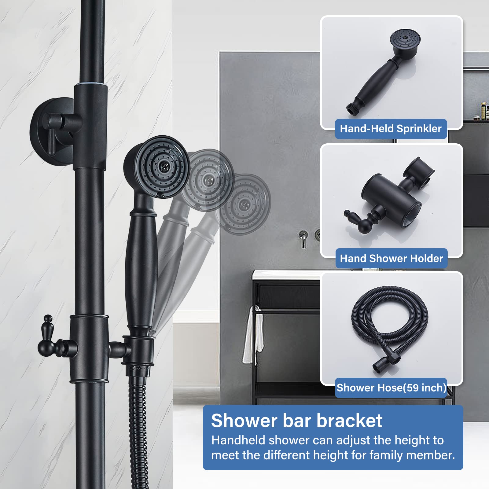 AlenArt Matte Black Outdoor Shower Faucet Set - 8 Inch Rainfall Shower Head with Handheld Spray, Tub Spout & Double Cross Handle - Wall Mounted Bathroom Fixture for Patio, Poolside & Garden Use