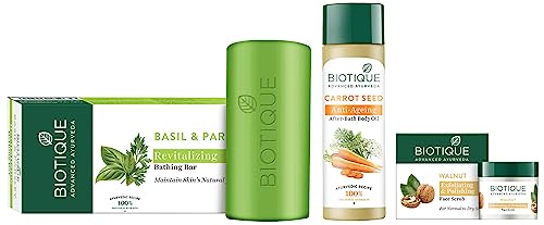 Biotique Carrot Seed Anti-Aging Body Oil 120ml, Walnut Face Scrub for Normal to Dry Skin 50g, Basil Parsley Revitalizing Soap 150g - Skincare Gift Set for Women, Post-Bath Moisturizing & Exfoliating Routine