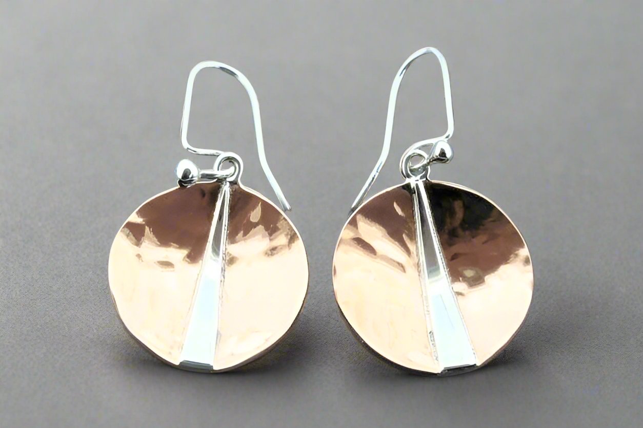 Handmade Concave Hammered Copper Circle Earrings with Silver Wedge Accent - Boho Chic Jewelry for Women, Perfect for Casual Wear and Special Occasions