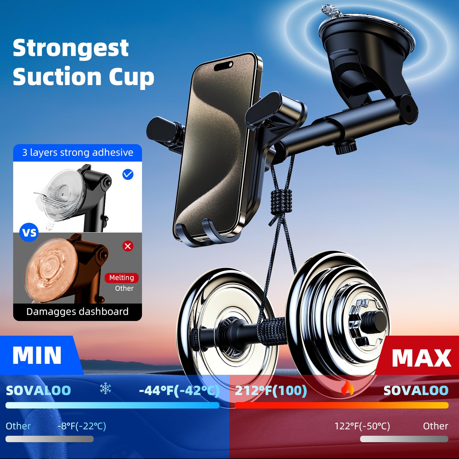 Universal Car Phone Mount Holder with Gravity Lock - Strong Suction Cup & Adjustable Arm for Dashboard/Windshield/Desk - Fits All Smartphones (iPhone, Samsung, etc.) - Perfect for Driving, Navigation & Hands-Free Calls