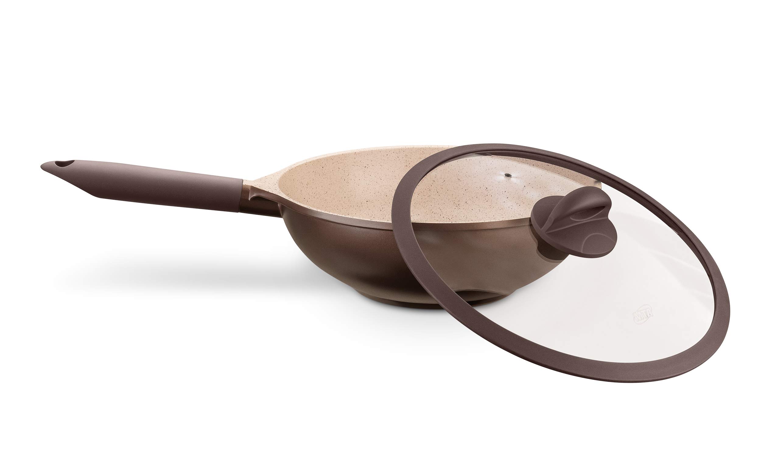 MTA WOK Induction Cookware Set - 28cm/3.8L Belgian Glass Lid Aluminum Pan with Ceramic Coating, Brown - Perfect for Stir Fry, Sauteing & Asian Cooking