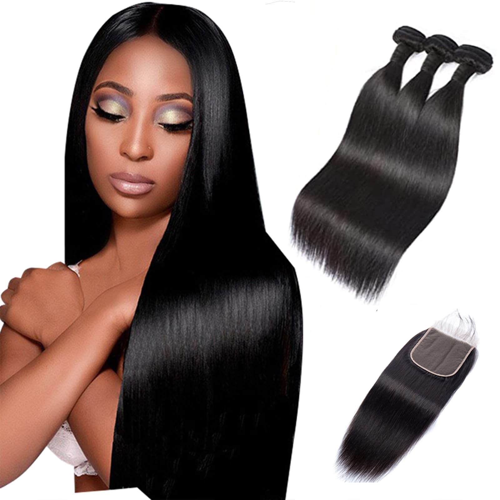 JTMMP 100% Human Hair Bundles with 5x5 Lace Closure - 24 22 20+18 Inch Straight Virgin Hair Weft Extensions for Women | Perfect for Daily Styling, Special Occasions & Protective Hairstyles