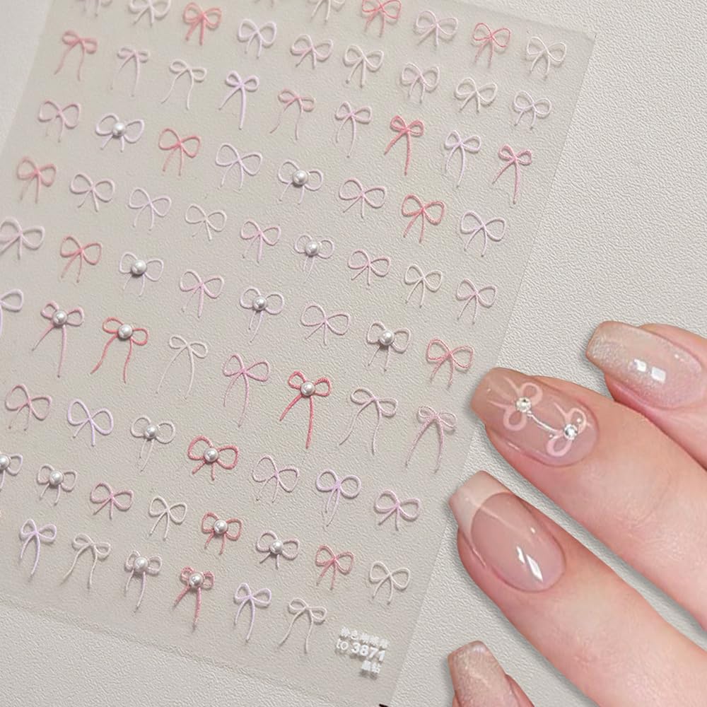 3D Cute Bow Nail Stickers for Nail Art - Pink Pearls Rhinestone Bowknot Nail Decals, Half Pearl Ribbon Stickers for French Manicure | Perfect for Parties, Weddings, and Special Occasions