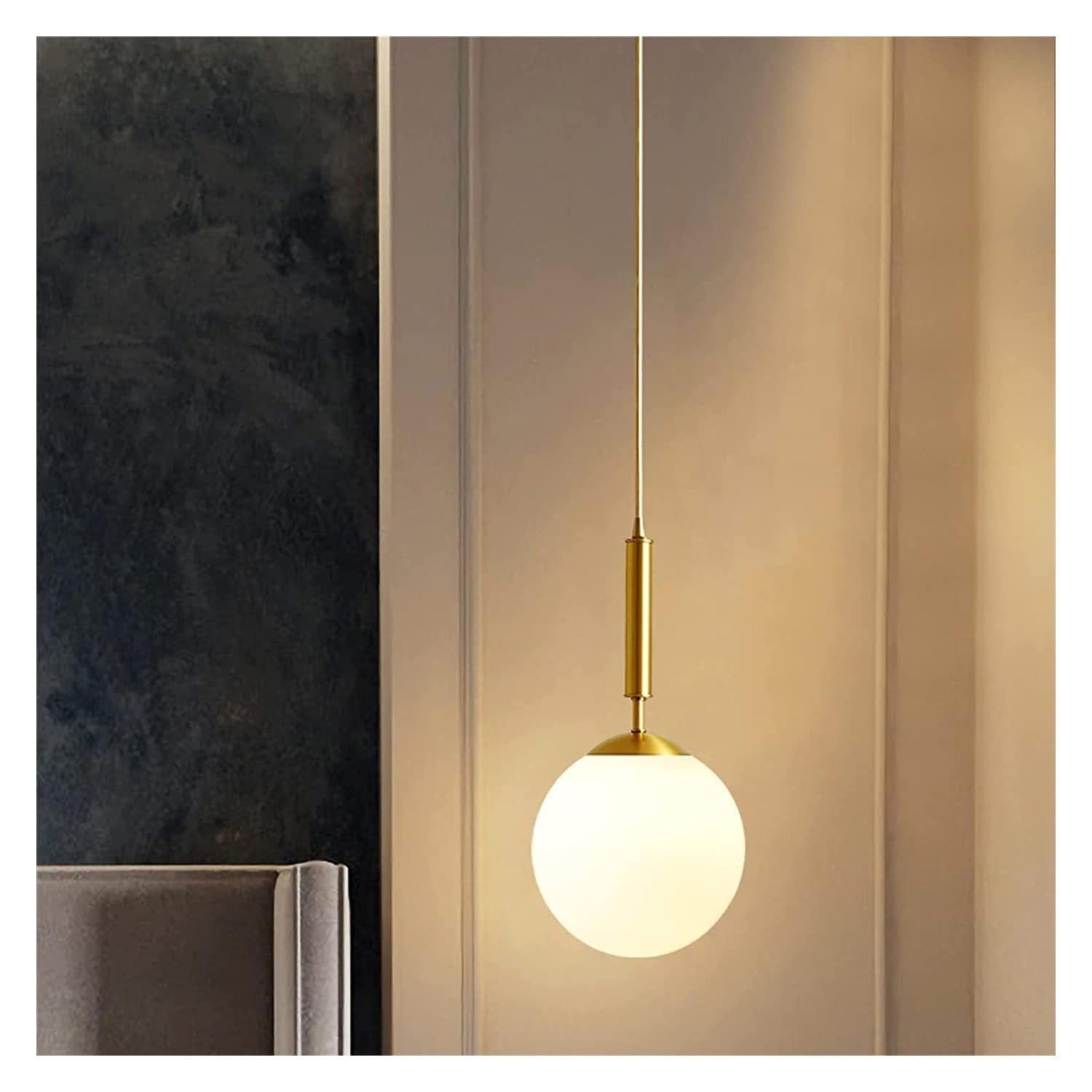 Vintage Mid-Century Modern Globe Pendant Light - White Glass Lampshade with Brass Finish Ceiling Chandelier - 9.8 Inch Hanging Lamp for Living Room, Bedroom, Bedside & Dining Room Decor - Perfect for Boho, Industrial & Scandinavian Home Interiors