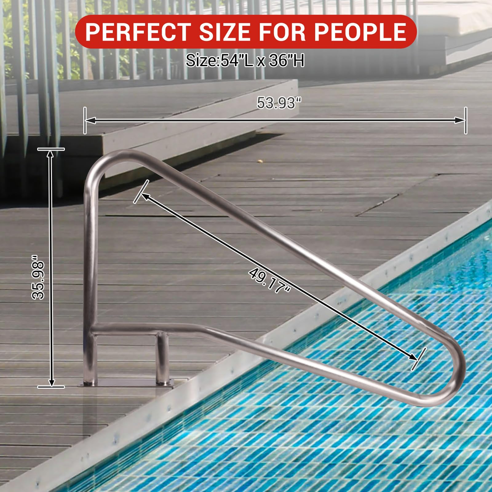 54 x 36 Inch 304 Stainless Steel Swimming Pool Handrail - Rustproof Inground Pool Stair Rail with Blue Non-Slip Grip Cover - Perfect for Pool Safety and Easy Entry/Exit
