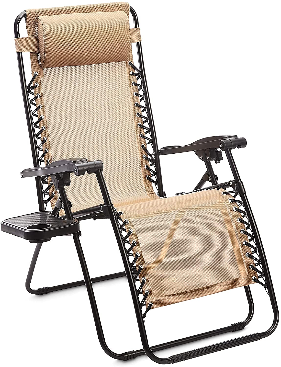 Premium Adjustable Zero Gravity Folding Lounge Chair with Side Table & Pillow - 2 Pack Beige Outdoor Recliner for Patio, Poolside, Beach & Backyard Relaxation