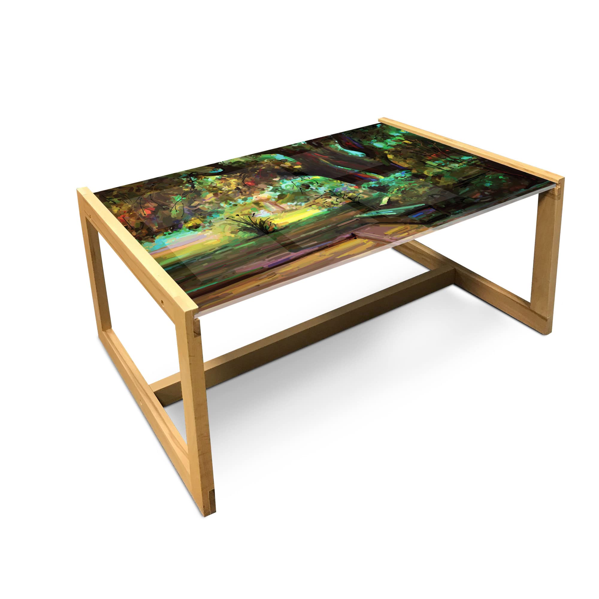 Ambesonne Watercolor Coffee Table - Spring Park Landscape with Blooming Trees & Bushes, Acrylic Glass Top & Wooden Frame, Dark Olive Green Brown - Perfect for Living Rooms, Offices & Dorm Decor