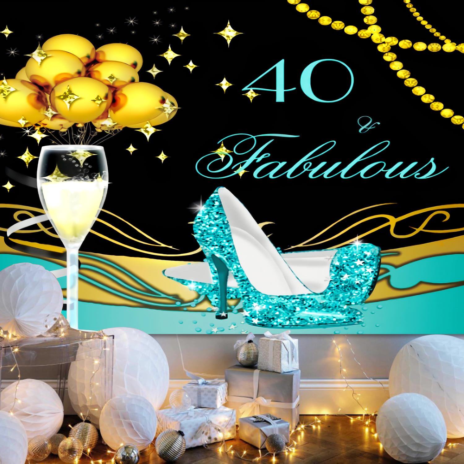 Teal Black Gold 40th Birthday Party Decorations Set - Shiny Sequin Backdrop Banner, High Heels & Champagne Glasses for Women's Milestone Celebration | Perfect for Photo Booths, Birthday Parties & Anniversary Events