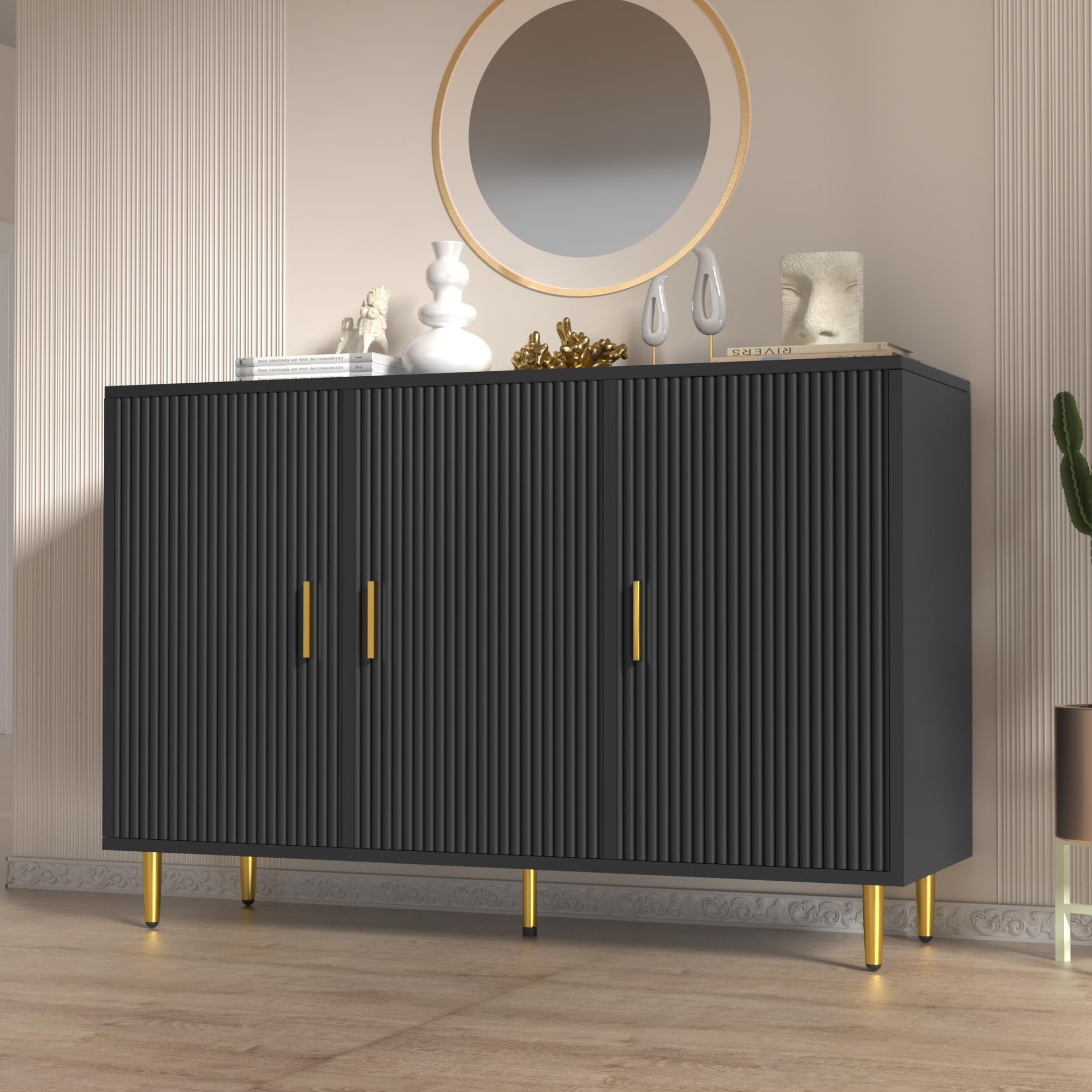 Black Sideboard Buffet Cabinet - 3-Door Accent Coffee Bar Cabinet for Entryway, Living Room, Kitchen & Hallway - Perfect for Storage, Display & Serving Drinks
