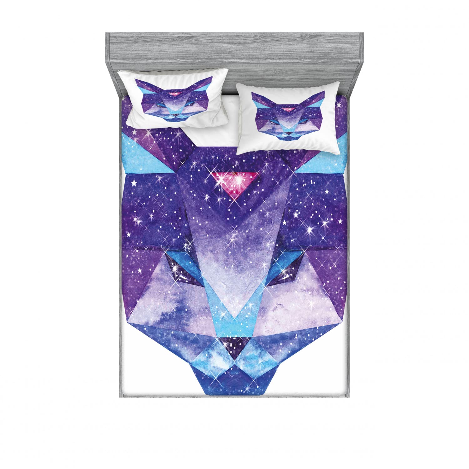 Ambesonne Space Cat 2-Piece Queen Fitted Sheet Set with 4 Pillow Shams - Starry Galaxy Cat Pattern Bedding in Sky Blue & Purple - Perfect for Kids Room, Dorm Decor or Space Themed Bedroom