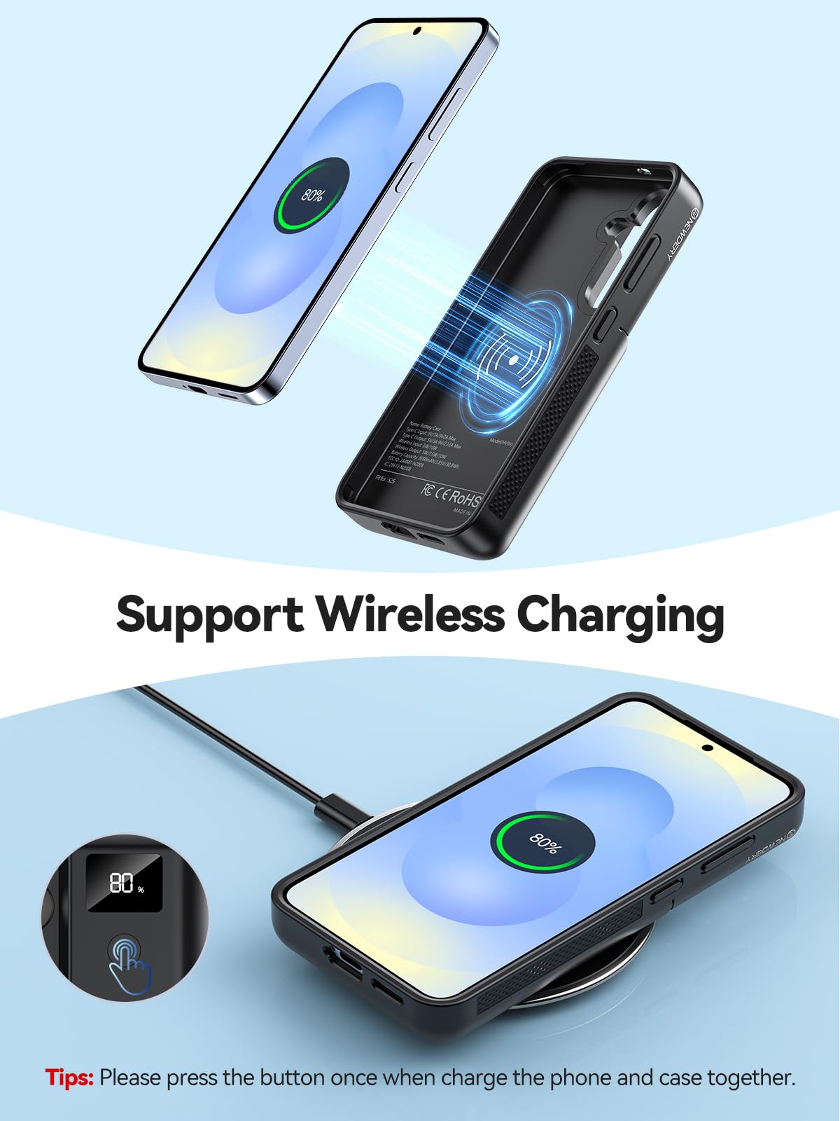 NEWDERY 10000mAh Battery Case for Samsung Galaxy S25 Plus (6.7 Inch) - Portable Charger with LED Display, Qi Wireless Charging & 20W USB-C Fast Charging | Sync Data Support | Perfect for Travel, Work & Outdoor Activities (Black)