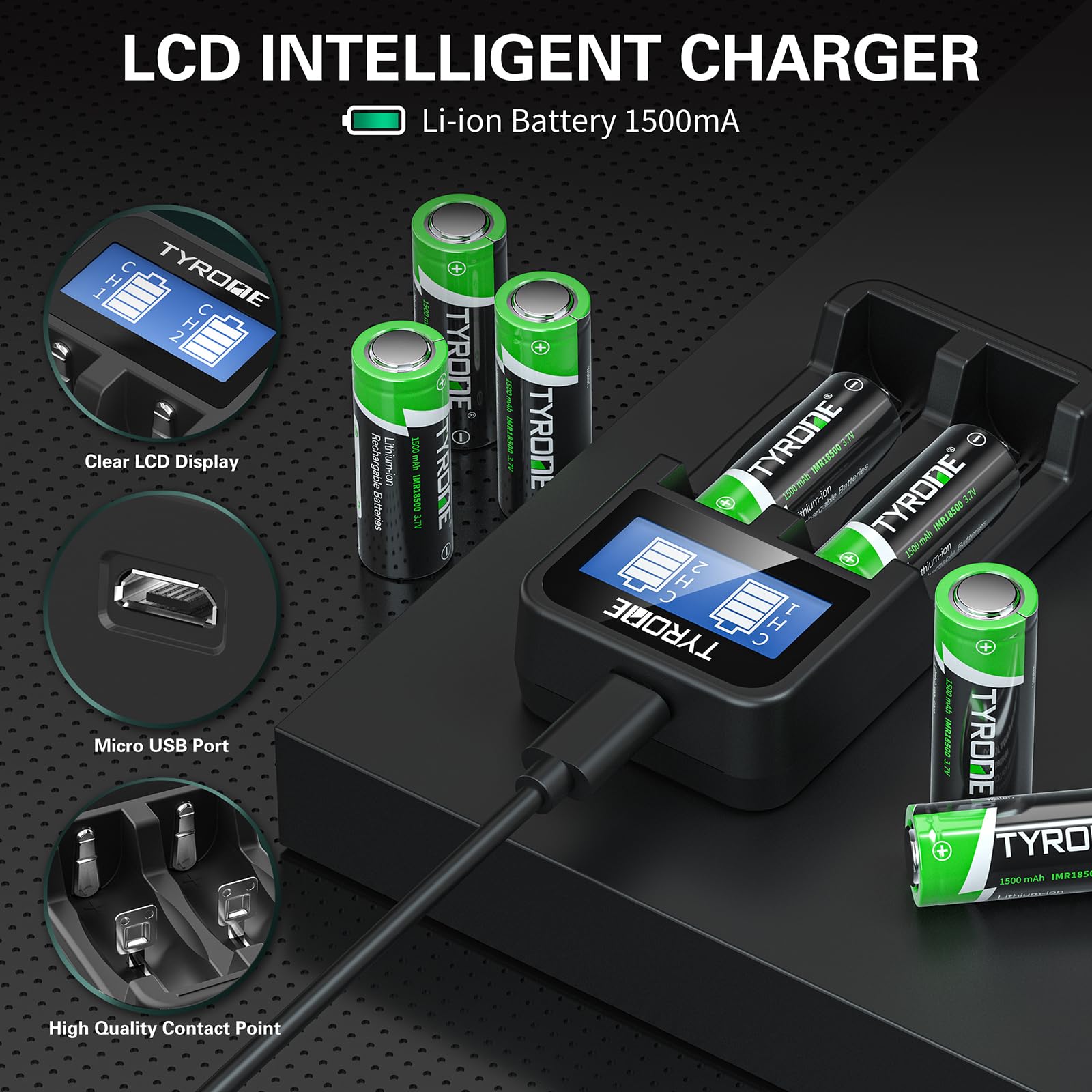 Tyrone 18500 Rechargeable Batteries 4-Pack with Smart Charger - 1500mAh 3.7V Flat Top Lithium Batteries & 2-Port USB Charger for Flashlights, Vape Mods, and Electronic Devices