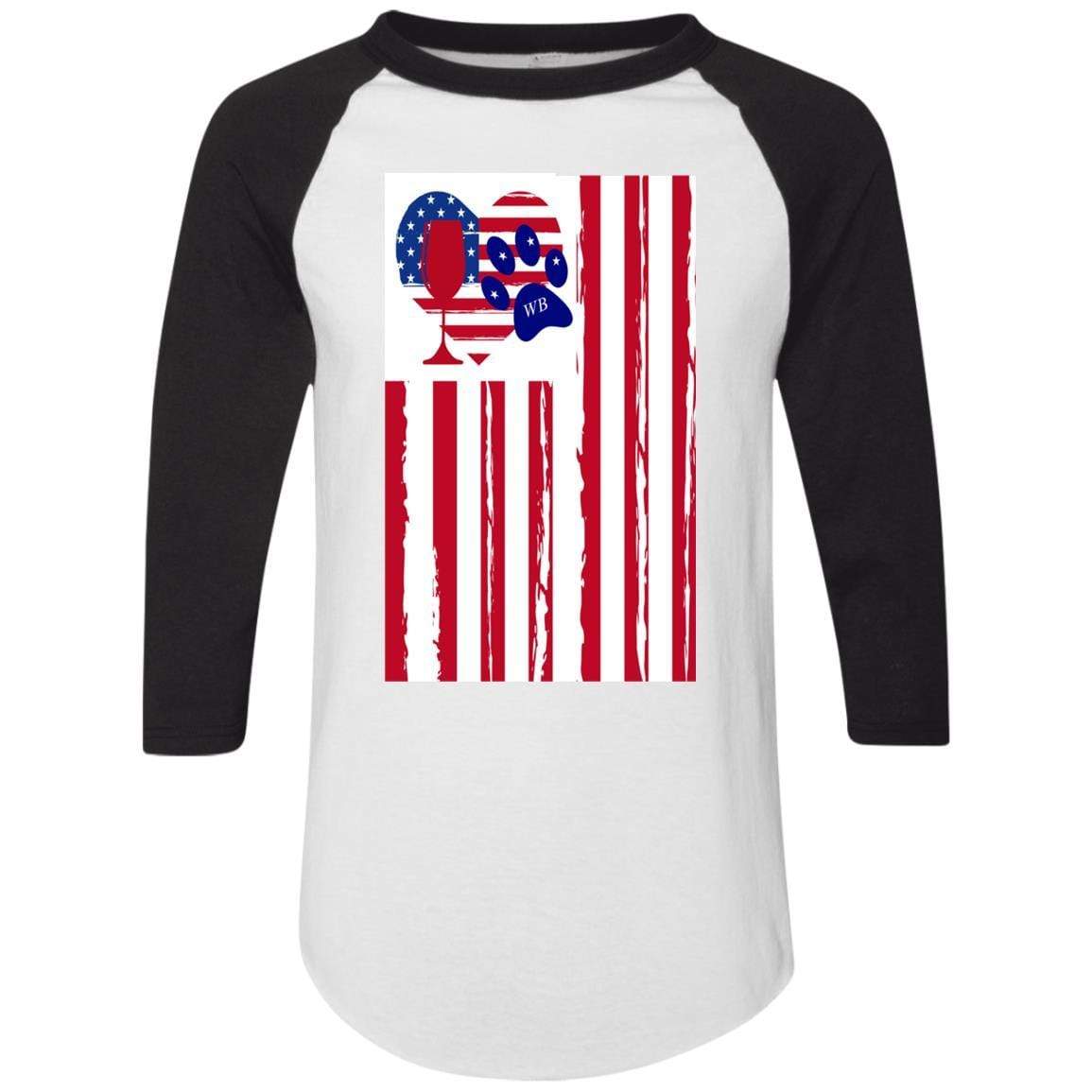 American Flag Wine Glass with Paw Heart Design - Colorblock Raglan Jersey for Women | Perfect for Patriotic Parties, BBQ Gatherings & Wine Lovers