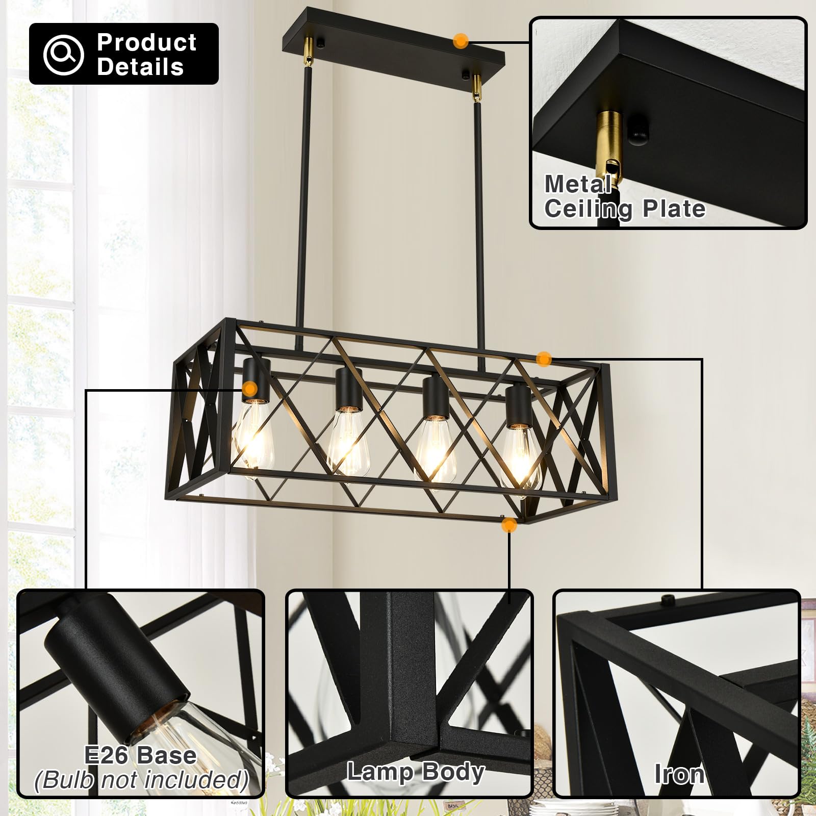 Black Farmhouse Chandelier - 4-Light Metal Industrial Linear Pendant Lighting for Kitchen Island, Dining Room & Living Room | Rustic Home Decor for Modern Farmhouse, Industrial Loft & Open Concept Spaces
