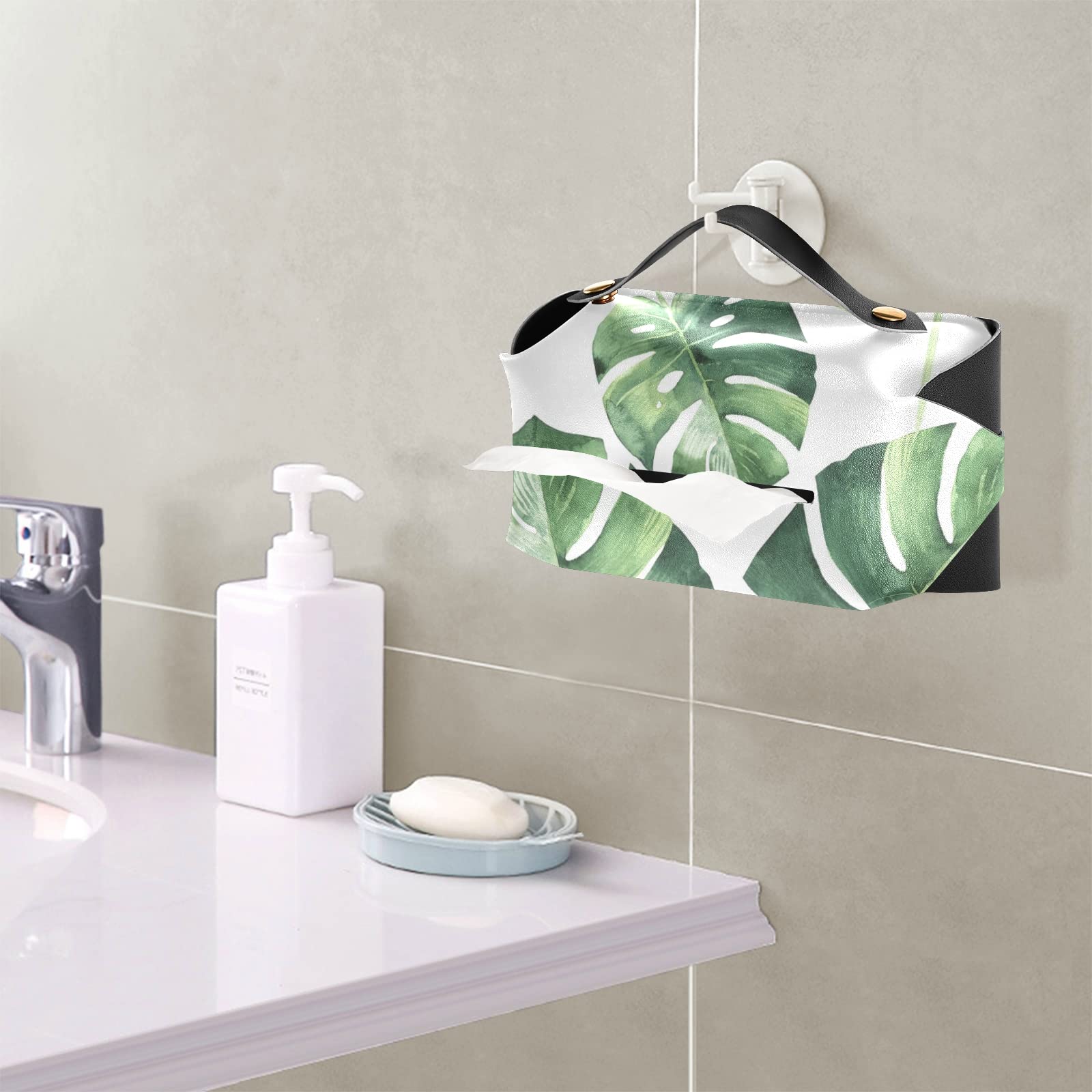 Eco-Friendly Tropical Palm Leaves Leather Tissue Box Cover - Seamless Jungle Design with Handle for Bathroom, Nightstand, Vanity & Office (9.4x5.1x3.6 inches) | Perfect for Home Decor, Car Interior & Gift Giving