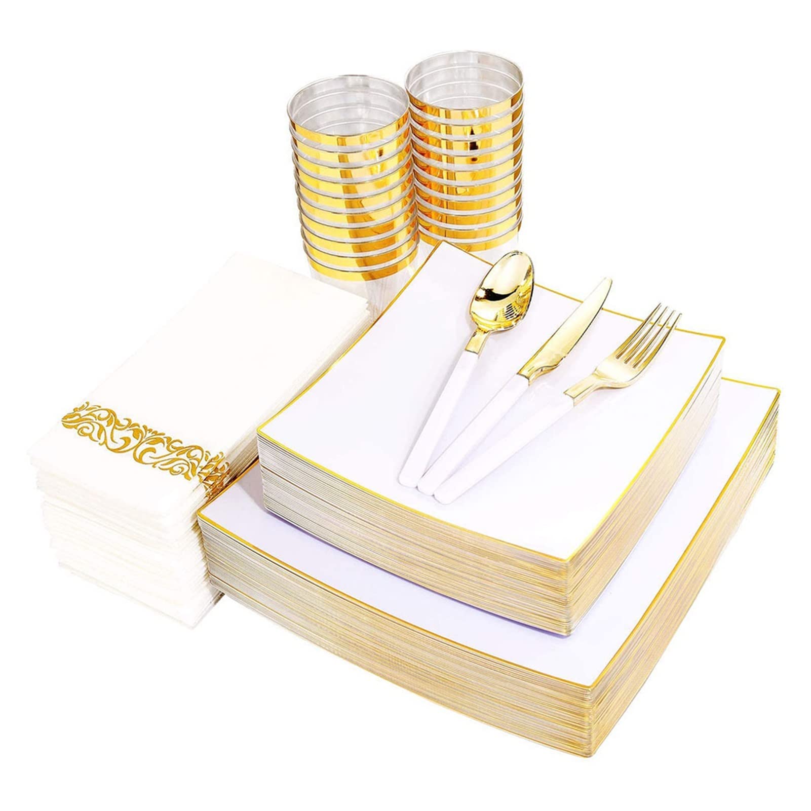 50-Pack White Square Plastic Plates with Gold Rim - Disposable Tableware Set for Wedding, Party, and Home Events - Includes Silverware for Elegant Dining