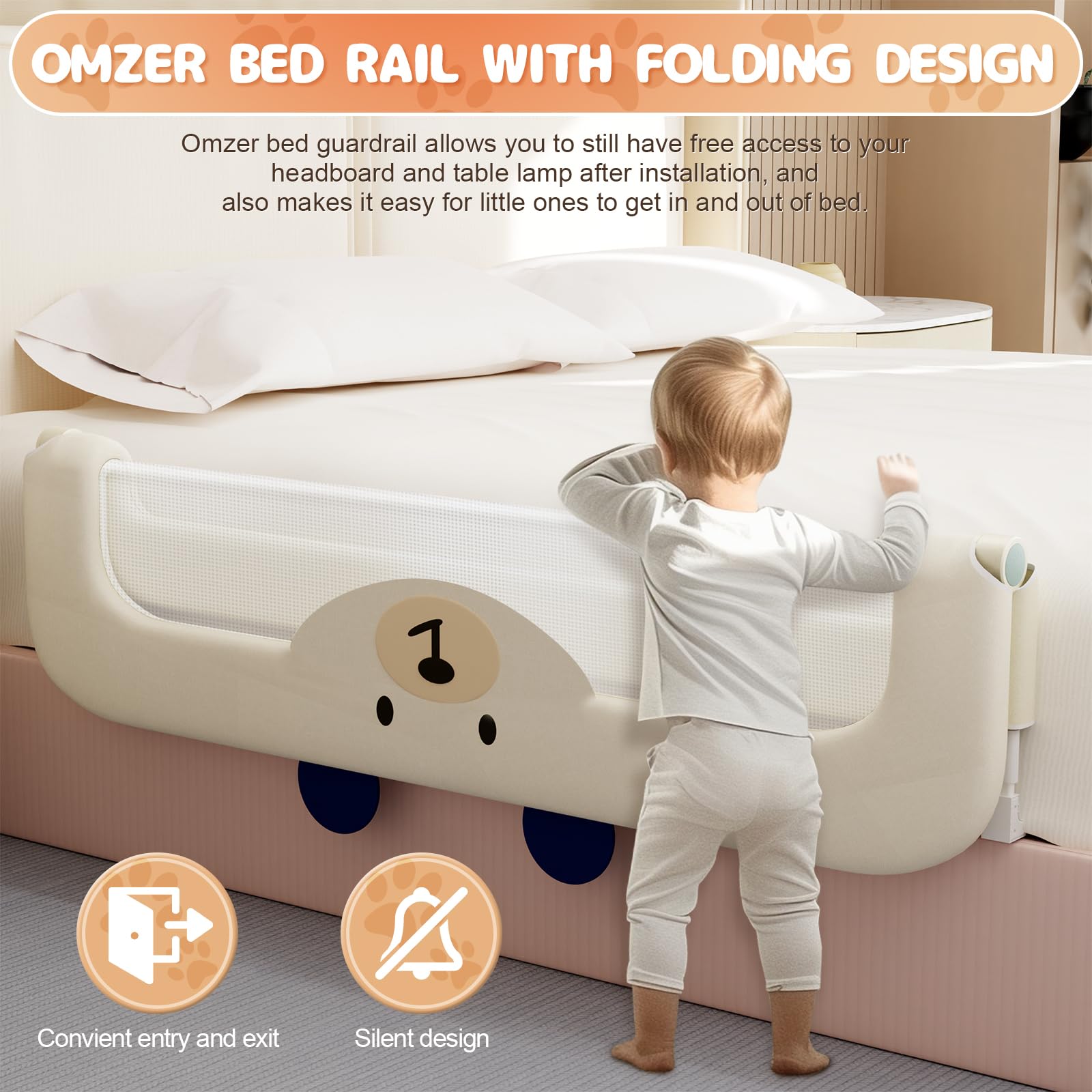 OMZER 32'' Swing Down & Height Adjustable Bed Guard Rail for Toddlers - Safety Bed Rail for Twin, Queen, King & Full Size Beds | Perfect for Babyproofing & Preventing Falls During Sleep