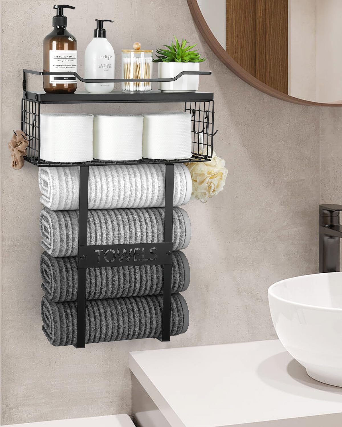 Wall Mounted Bathroom Towel Rack Set - Space Saving Black Wood Vertical Towel Holder for Small Bathrooms, Rolled Towel Shelf Organizer Above Toilet | Perfect for Bathroom Wall Decor and Towel Storage in Compact Spaces