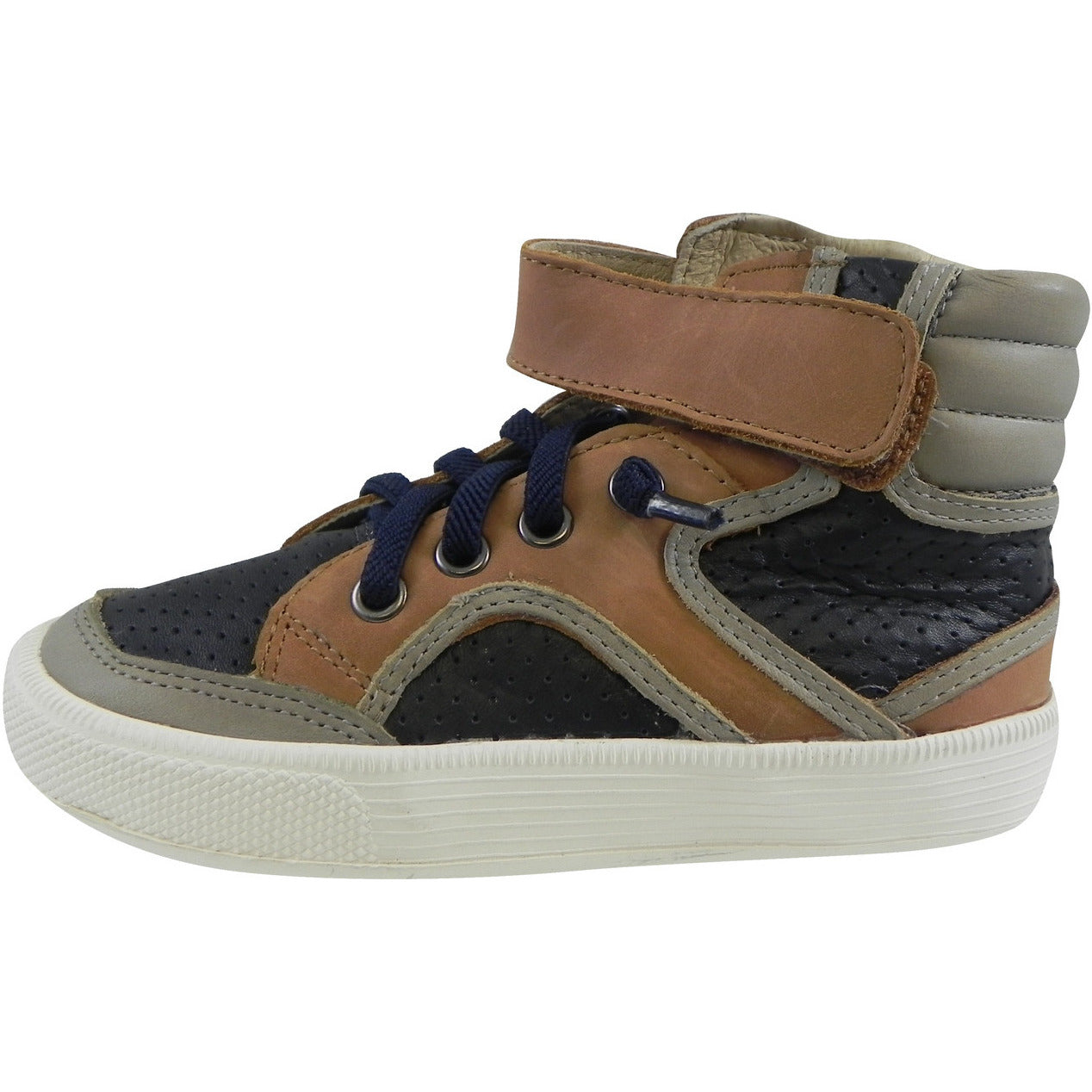 Old Soles 1027 Boys' High-Top Leather Sneakers - Tan, Navy & Grey Lace-Up Shoes for Kids | Durable & Stylish for School, Play & Everyday Wear